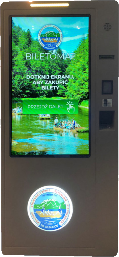Biletomat samoobsługowy MT7.tech z ekranem dotykowym i drukarką biletów.